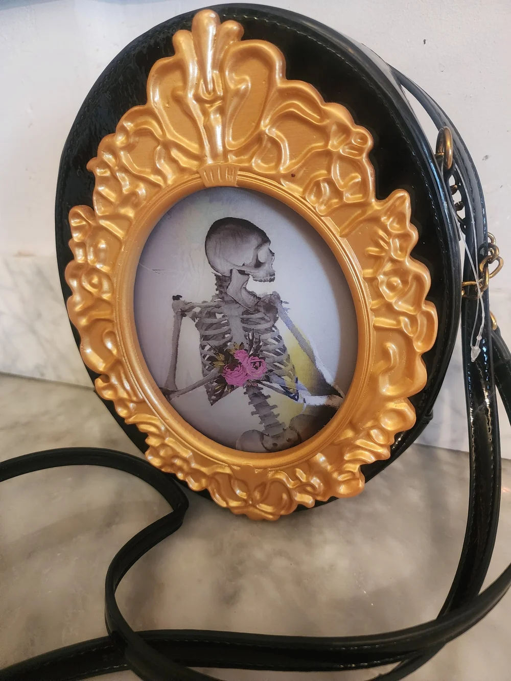 Betsey Johnson Black Oval Crossbody Bag with Gold Frame Accent